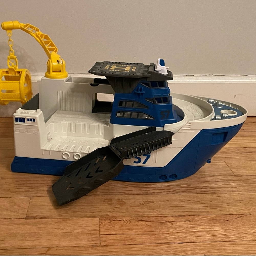 Adventure Ship Toy with Crane - Blue, Yellow, Black